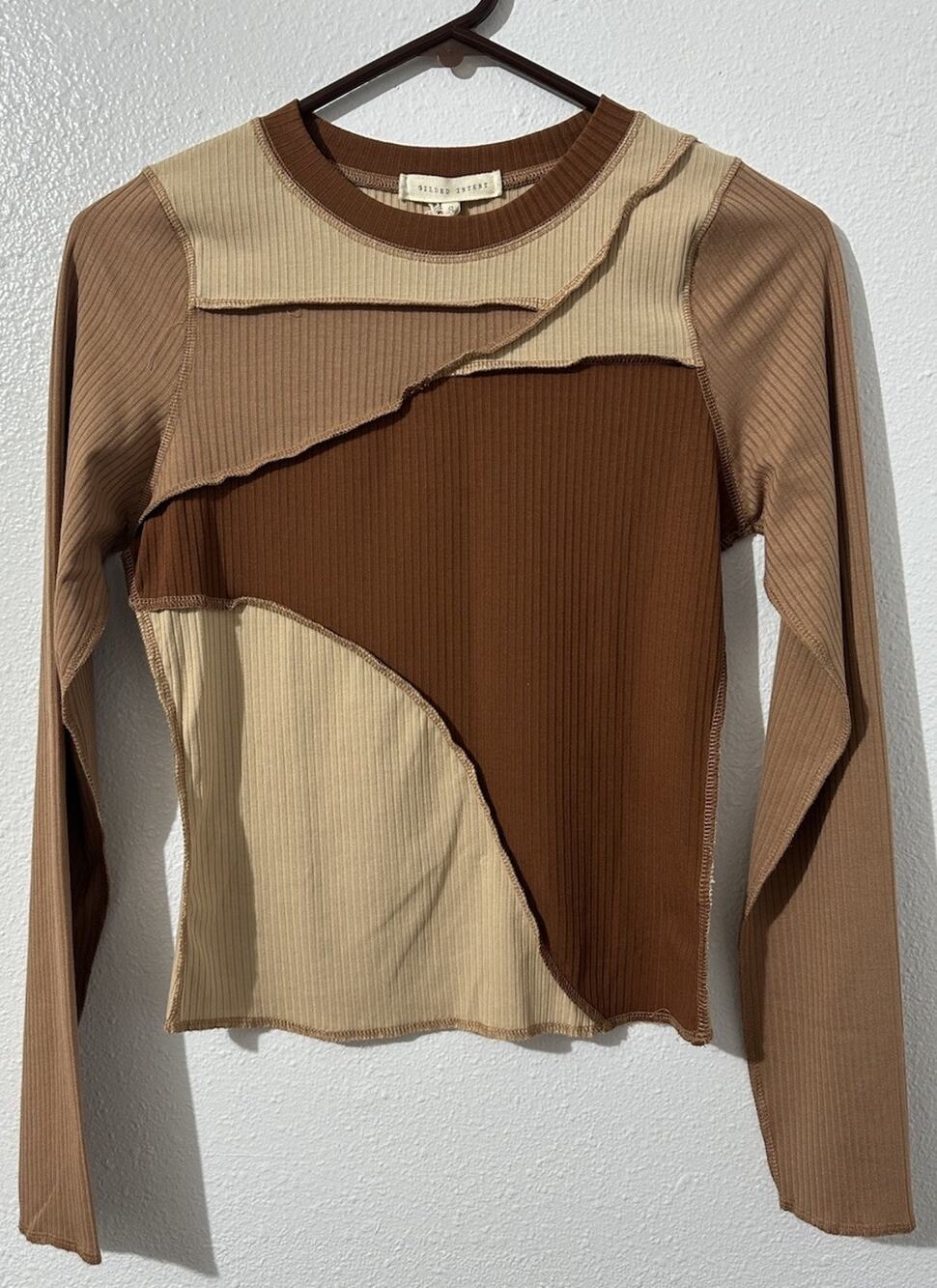 NWT Gilded Intent Womens Small Brown Patchwork Long Sleeve Shirt Ribbed